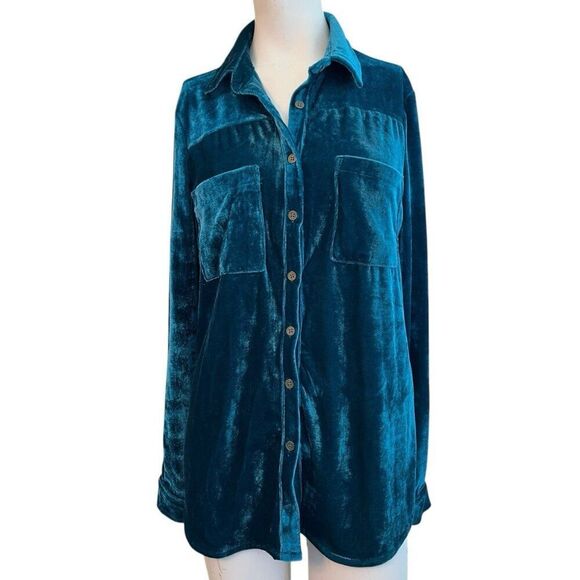 Umgee Ladies Large Soft Velvet Button Front Shirt Green Blue Chest Pockets NWT - Picture 1 of 6